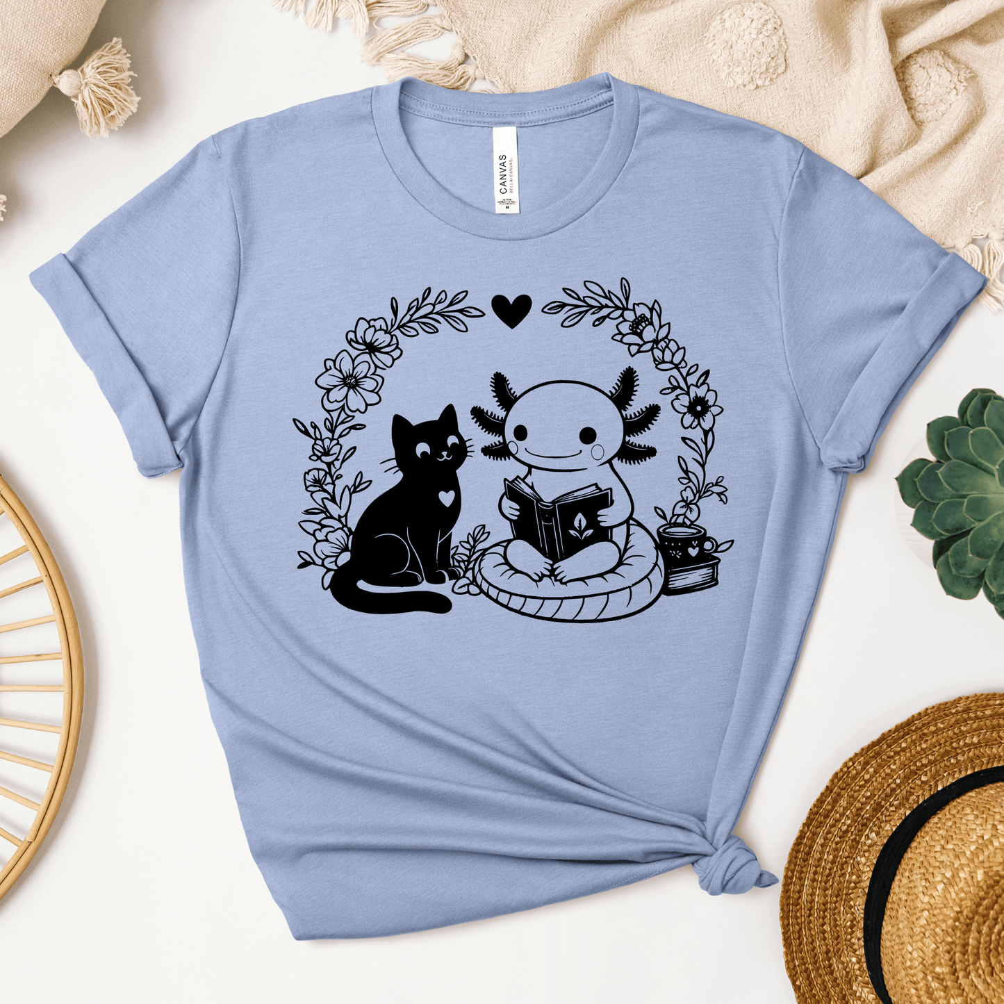 Axolotl & Cat Reading Tee