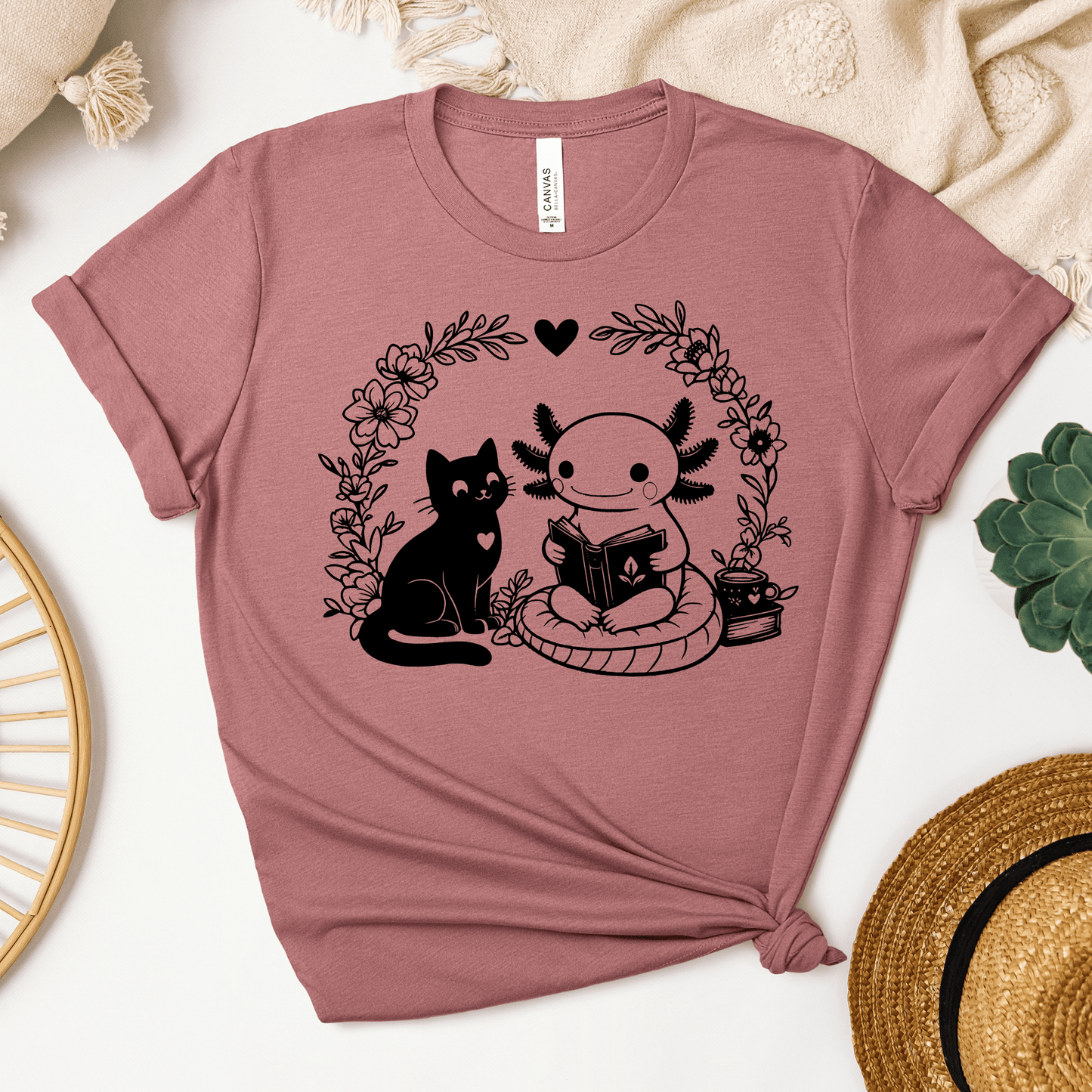 Axolotl & Cat Reading Tee