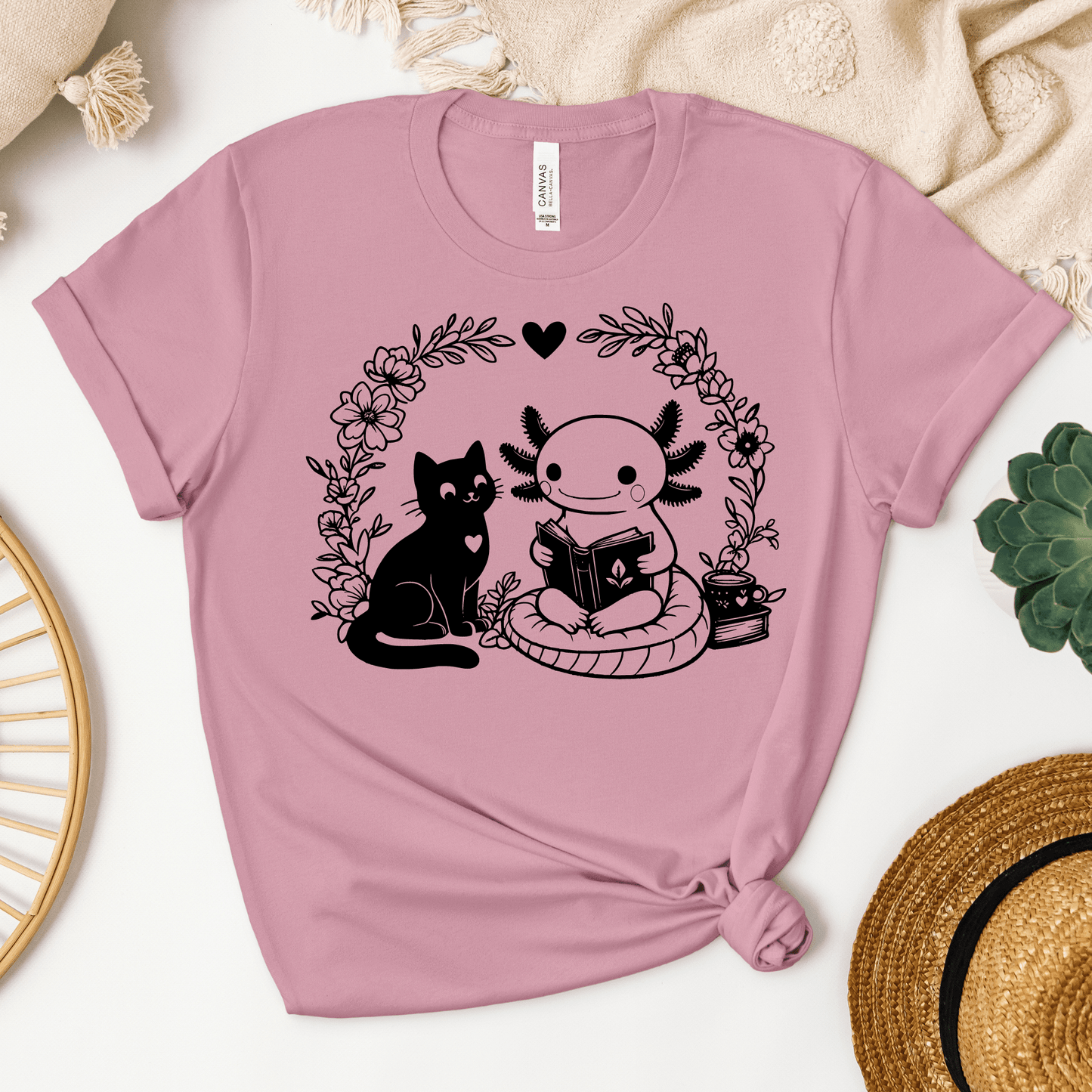 Axolotl & Cat Reading Tee