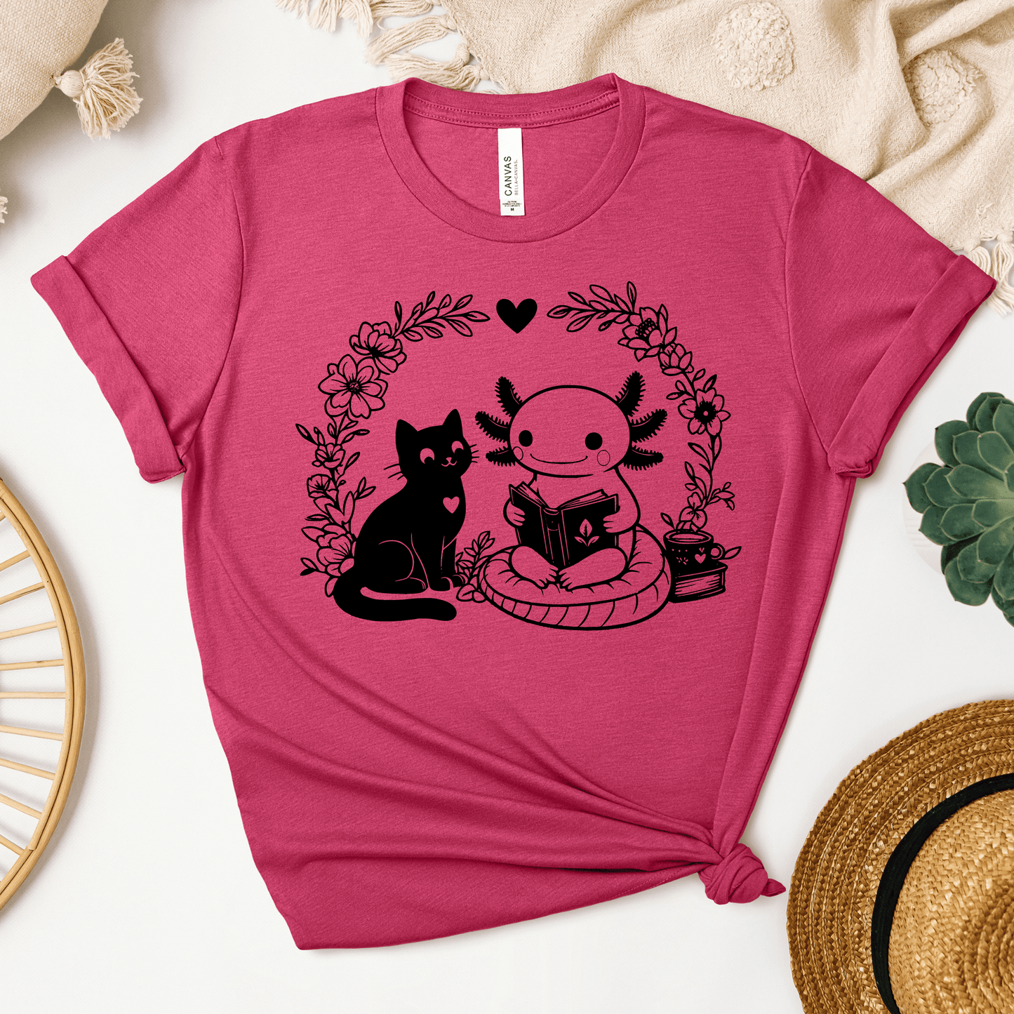 Axolotl & Cat Reading Tee