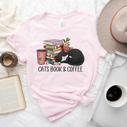 Cats Book & Coffee Tee