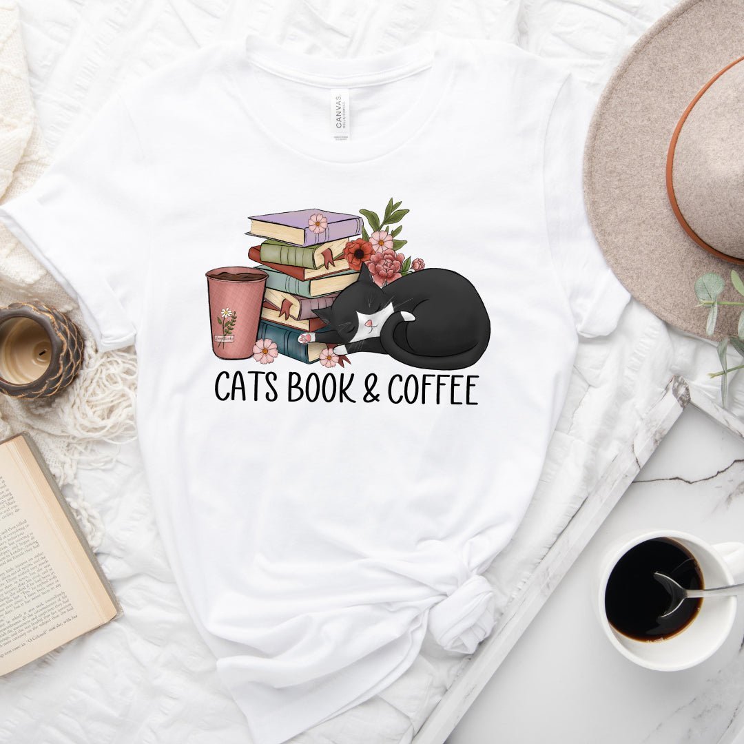 Cats Book & Coffee Tee