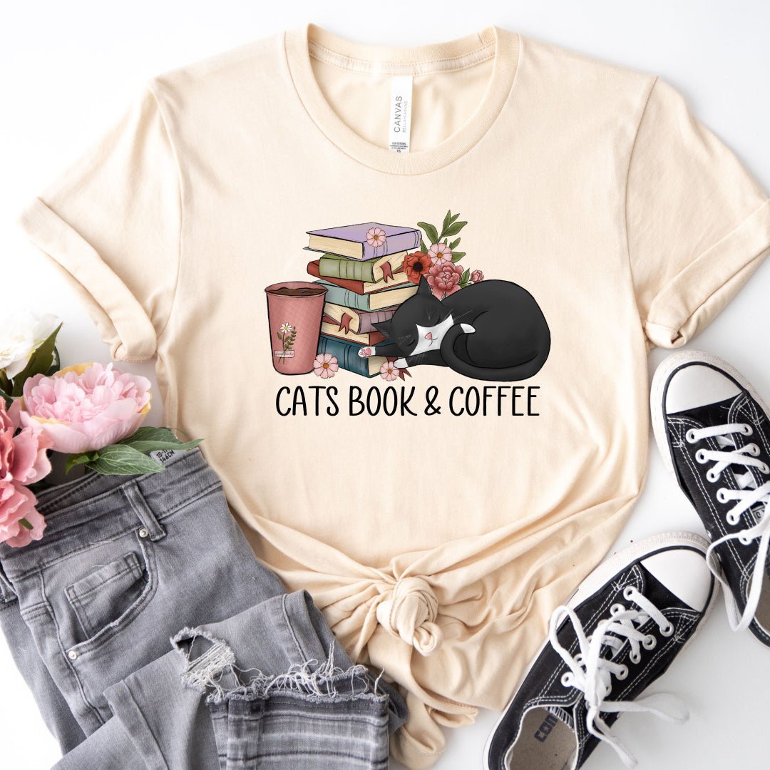 Cats Book & Coffee Tee