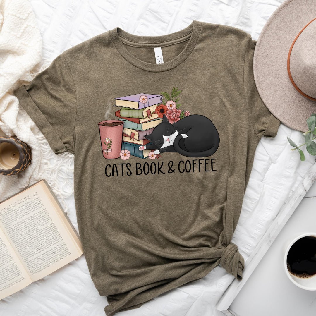 Cats Book & Coffee Tee